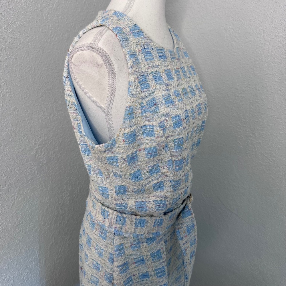 Taylor Womens Blue White Tweed Checkered Belted Sleeveless Shift Dress Size 10 - Picture 2 of 8